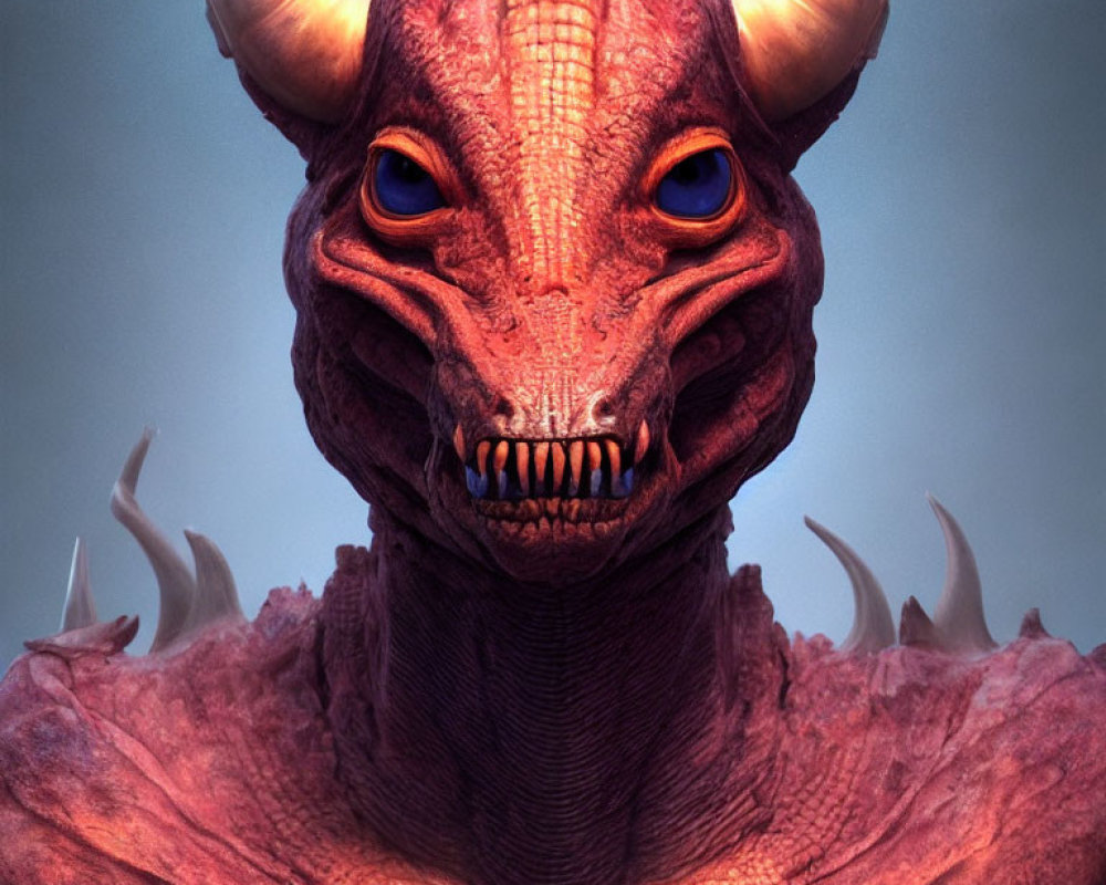 Detailed Close-up of Red Dragon with Blue Eyes and Sharp Teeth