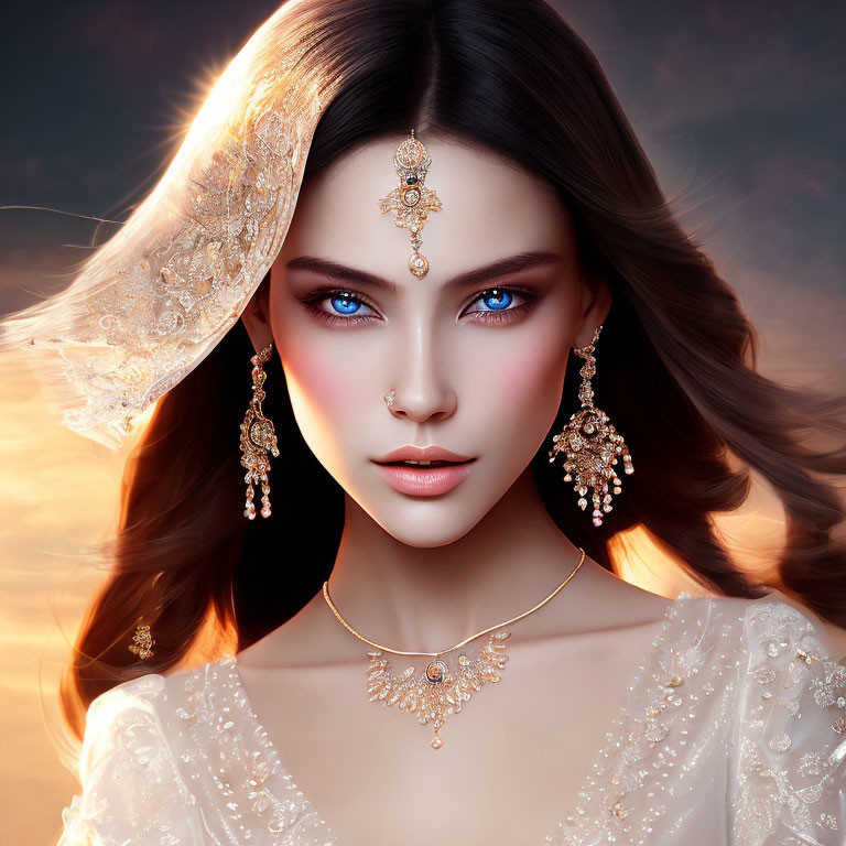 Illustrated Woman with Blue Eyes and Gold Jewelry on Warm Background
