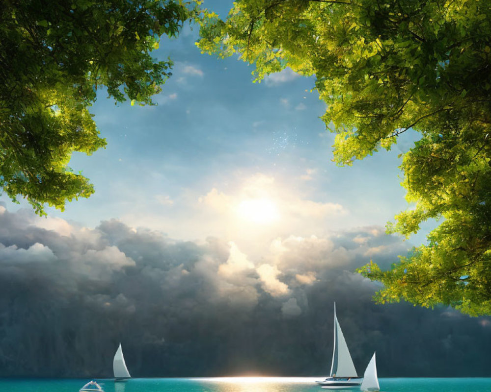 Tranquil lake scene with sailboats, sunlight, and greenery