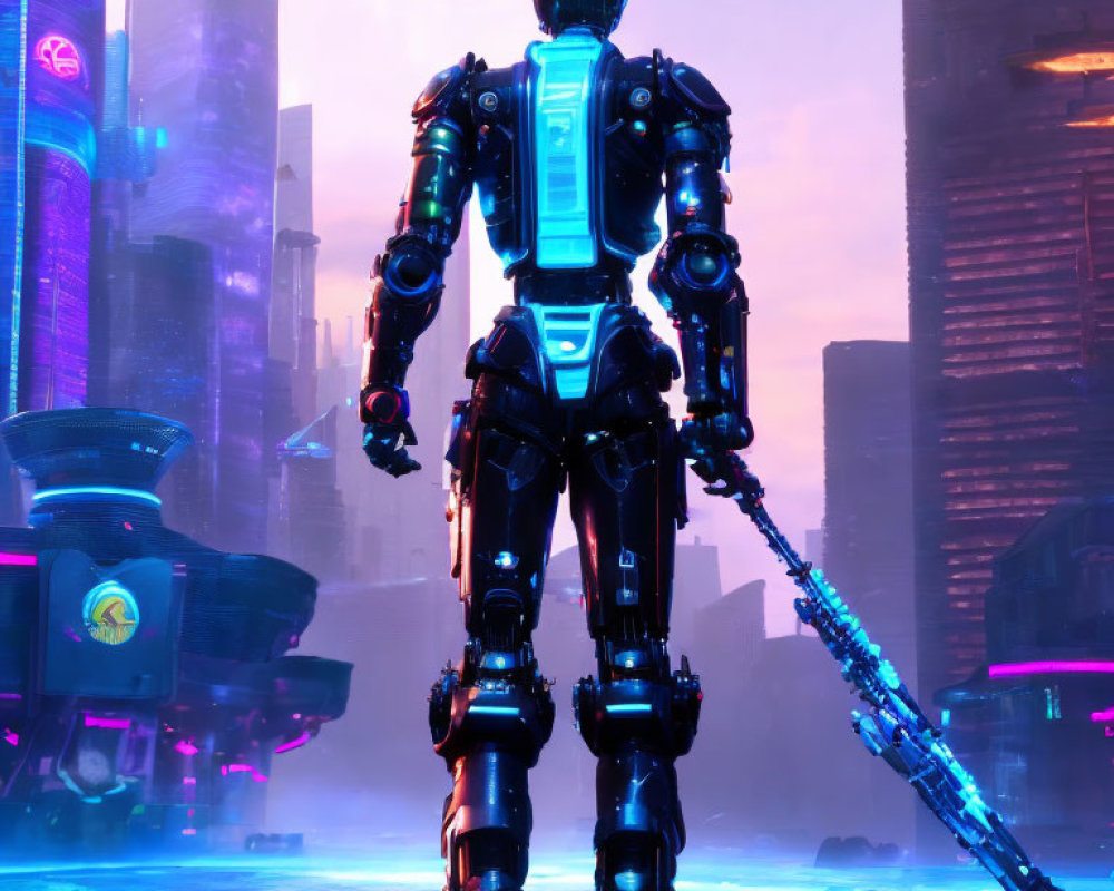 Futuristic robot with glowing blue elements in neon-lit cityscape at dusk