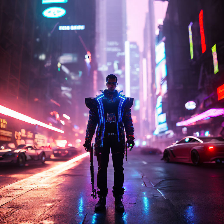 Cybernetic-enhanced man in neon-lit futuristic cityscape