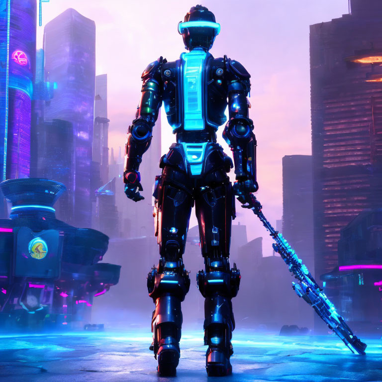 Futuristic robot with glowing blue elements in neon-lit cityscape at dusk
