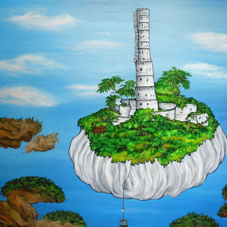 Floating Island Painting with Lighthouse and Greenery