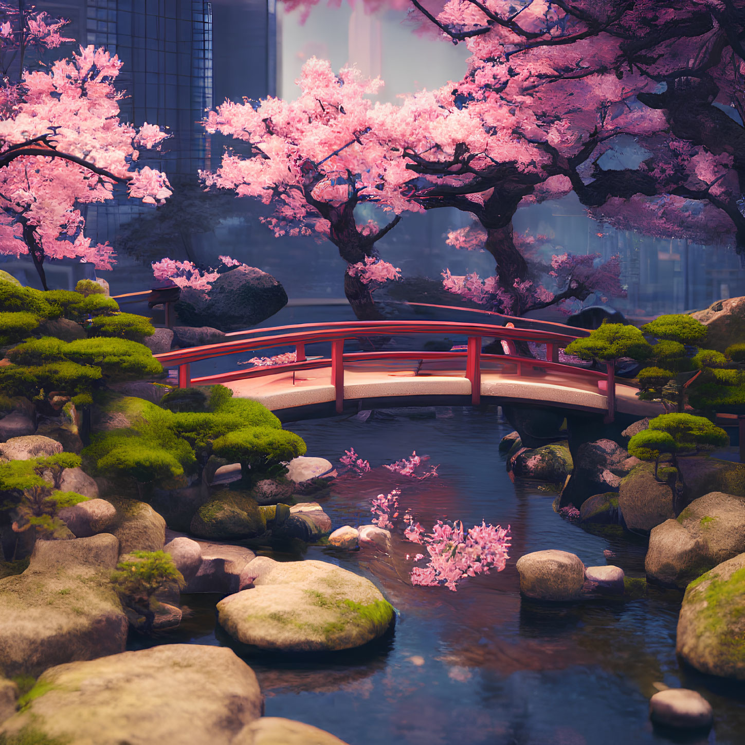Tranquil Japanese garden with red arched bridge, cherry blossoms, rocks, and pine trees