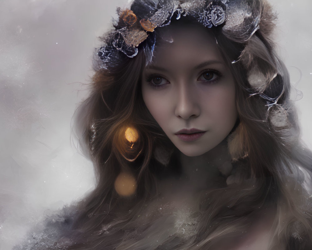 Mystical female figure with floral crown in soft mist