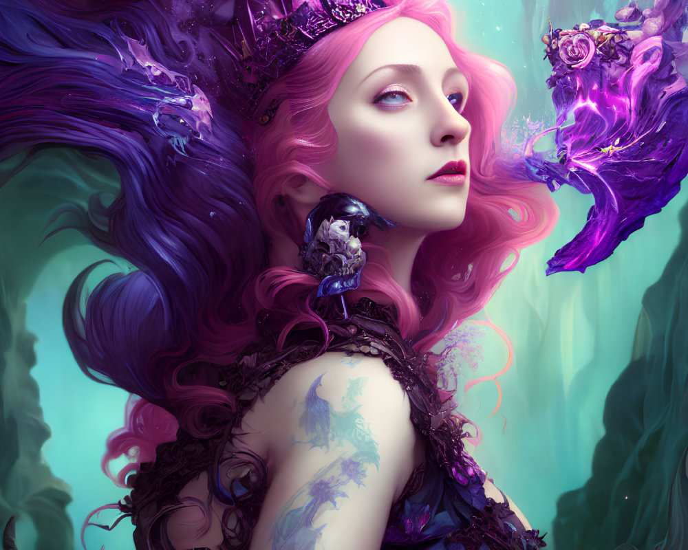 Fantasy portrait of woman with pink hair, crown, surrounded by vibrant purple and teal hues and floral