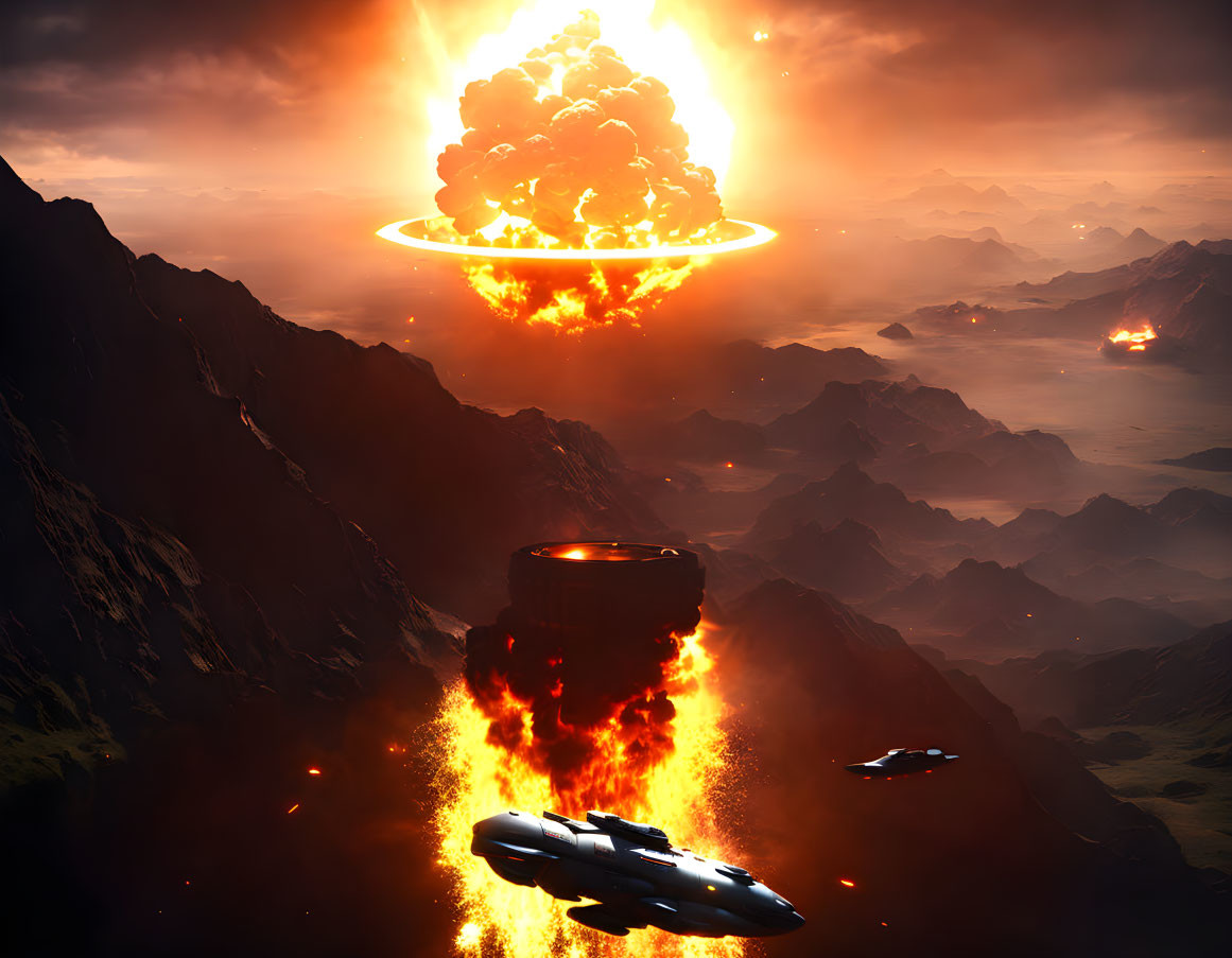 Spaceships fleeing explosion on rugged alien planet with blazing sun