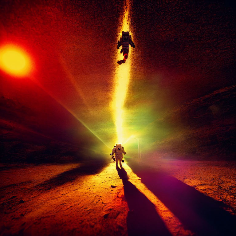 Astronauts with Beams of Light in Cave, Descending and Casting Long Shadow