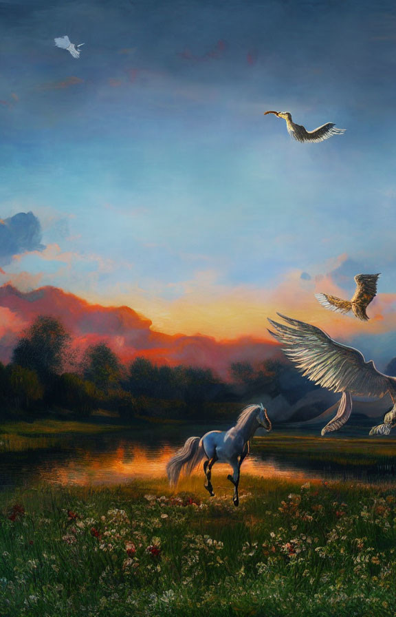 Winged horse near water at sunset with vivid sky