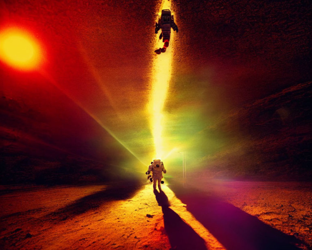 Astronauts with Beams of Light in Cave, Descending and Casting Long Shadow