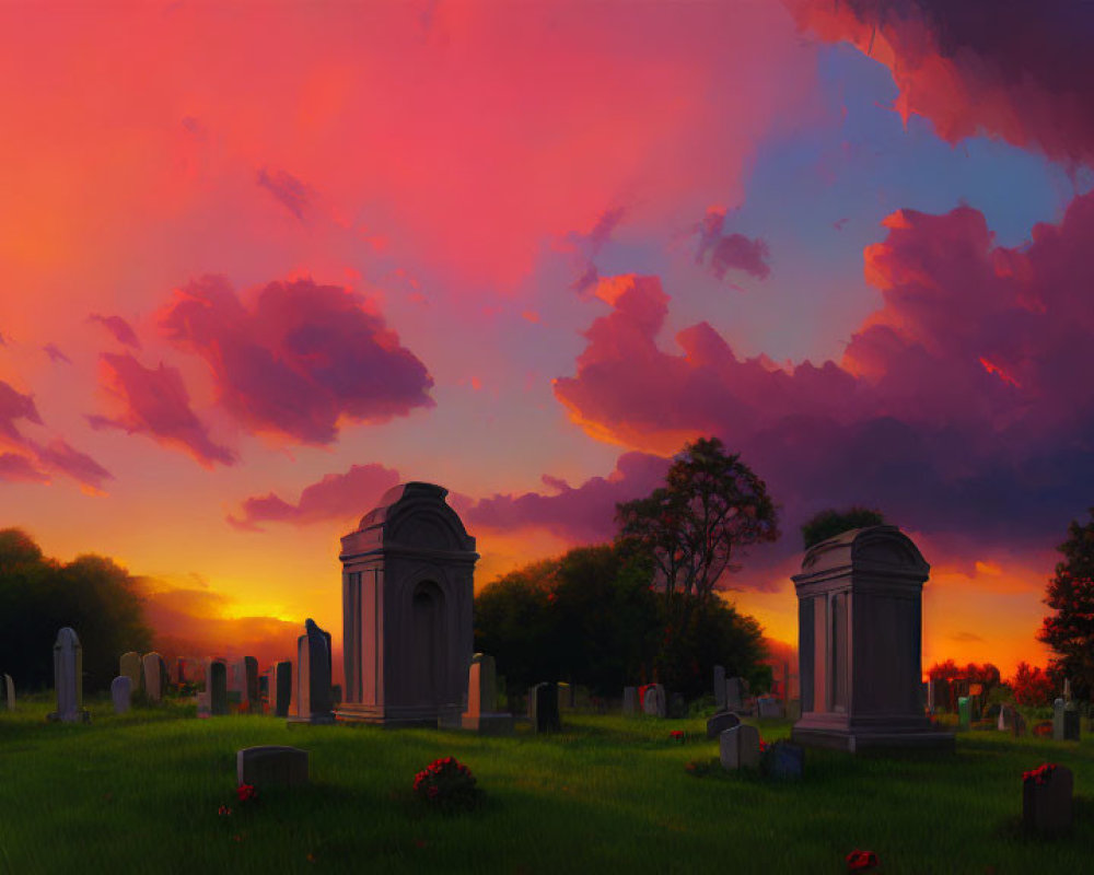 Sunset scene at peaceful cemetery with orange and pink sky hues over ornate gravestones.