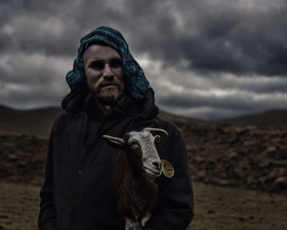 Person in Knit Cap Holding Goat Outdoors Under Overcast Sky