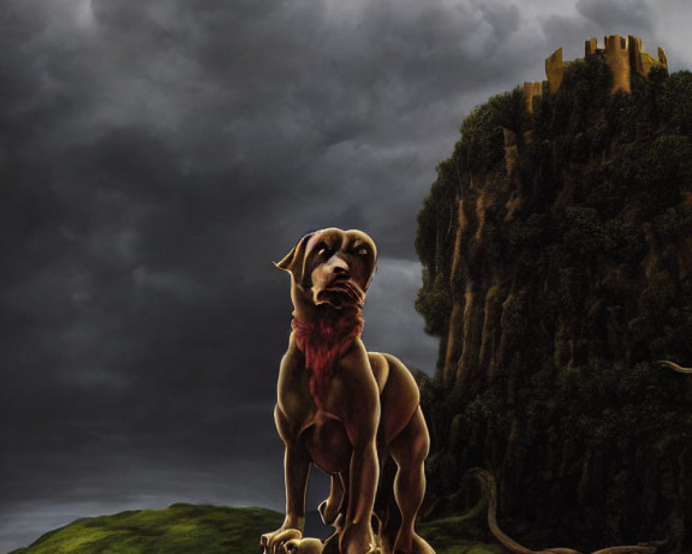 Surreal painting: Dogs in totem pole formation on grassy hill with castle and stormy