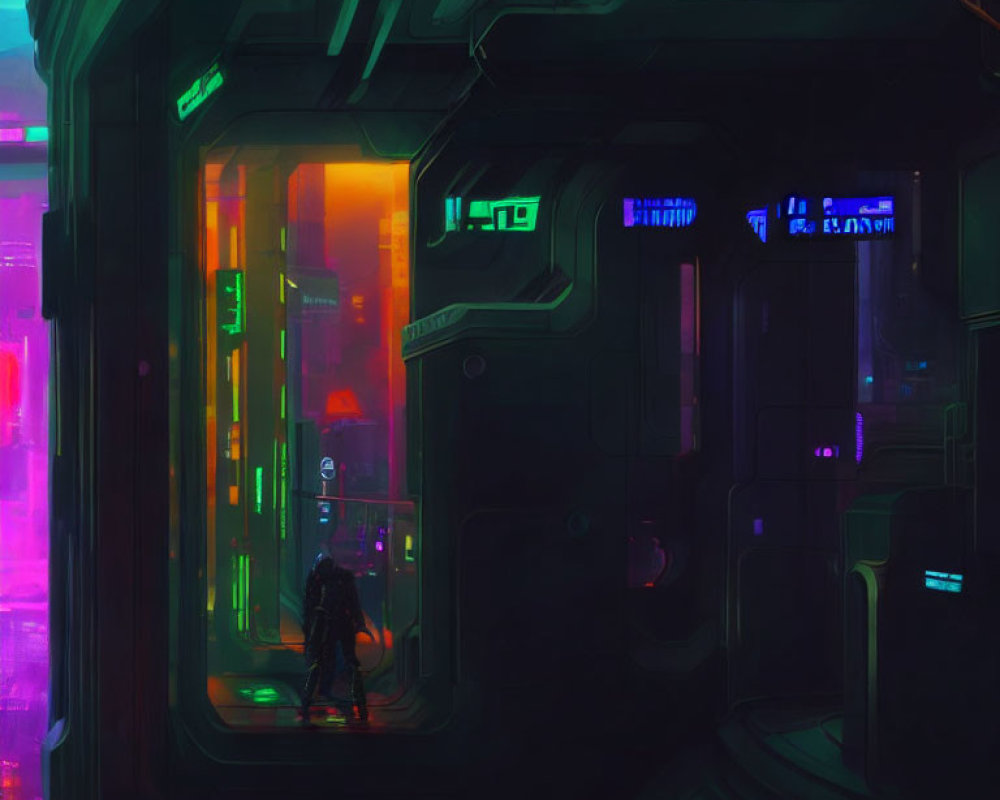 Neon-lit corridor with futuristic doors and glowing signs