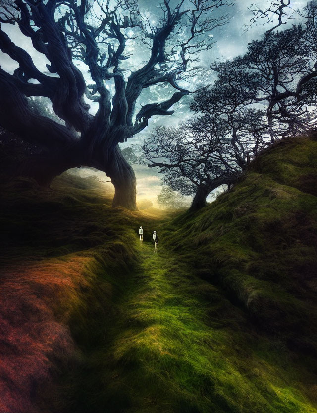 Mystical forest path with two people under twilight sky
