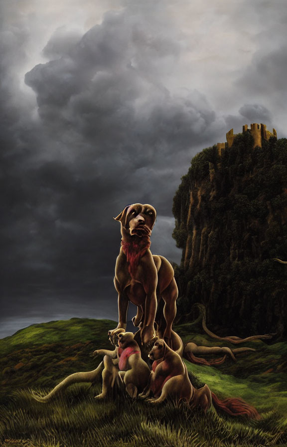 Surreal painting: Dogs in totem pole formation on grassy hill with castle and stormy