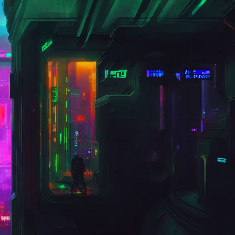 Neon-lit corridor with futuristic doors and glowing signs