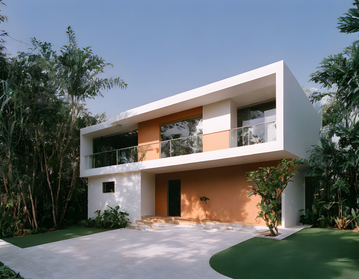 Modern Two-Story House with White and Peach Walls in Lush Greenery