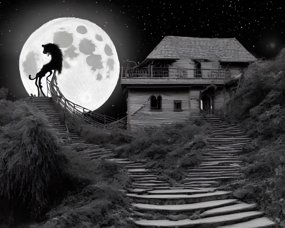 Monochromatic image of howling wolf silhouette on cliff with full moon and old house.