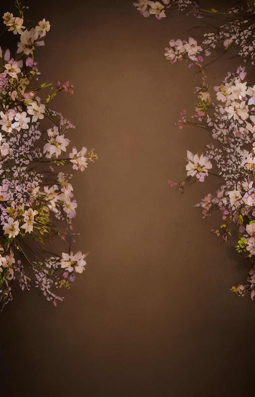 Brown background with white and pink blossoms for elegant design space