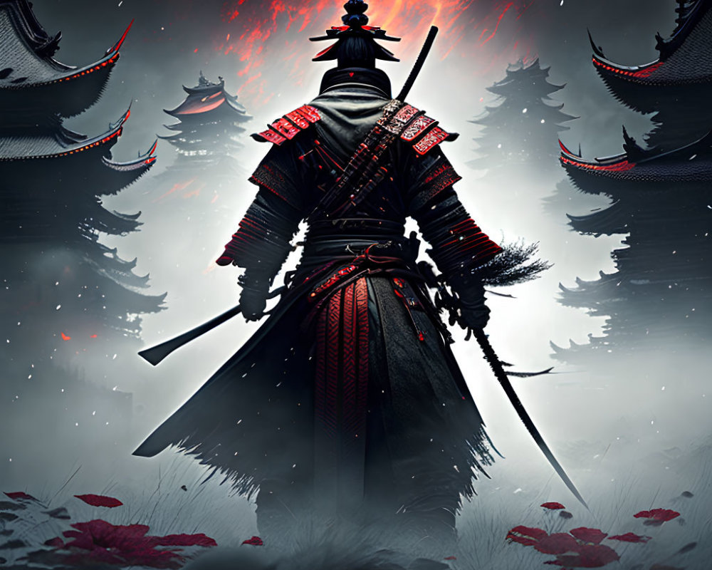 Ornate armored samurai in misty forest with red sky and floating petals