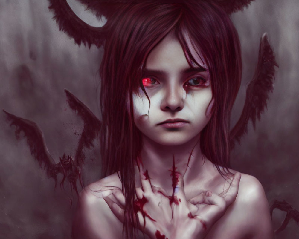 Dark fantasy art of horned girl with red eyes and ominous creatures