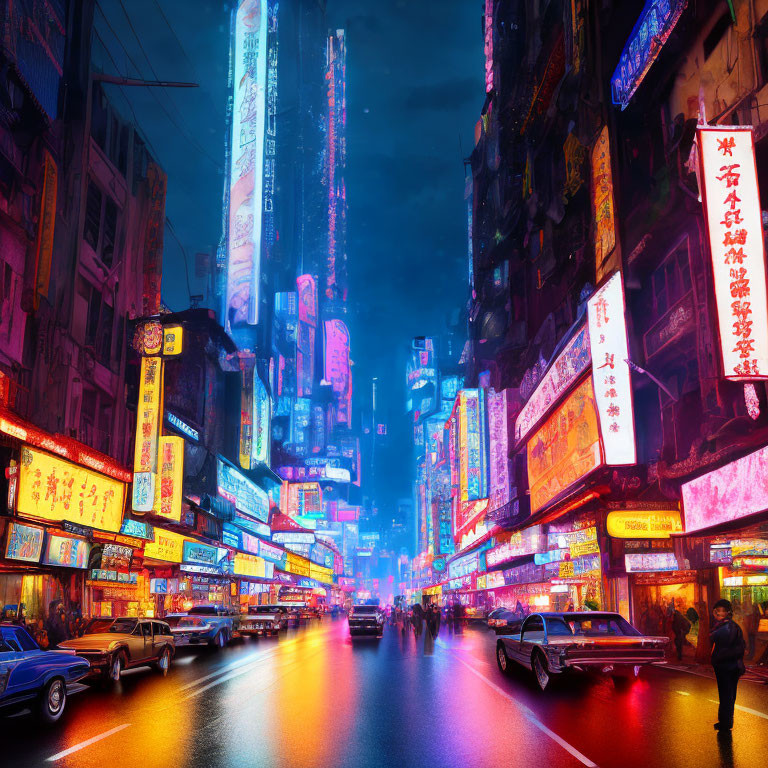 Vibrant Asian metropolis street scene at night with neon lights and vintage cars