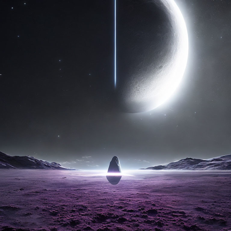 Futuristic landscape with crescent planet and light beam on egg-shaped object