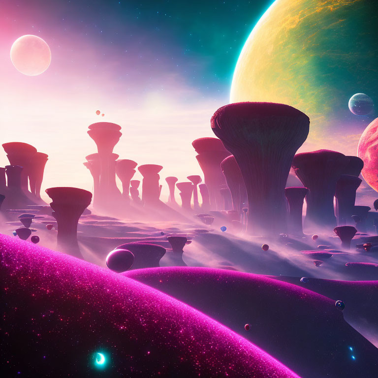 Alien landscape with towering mushroom-like formations under pink sky