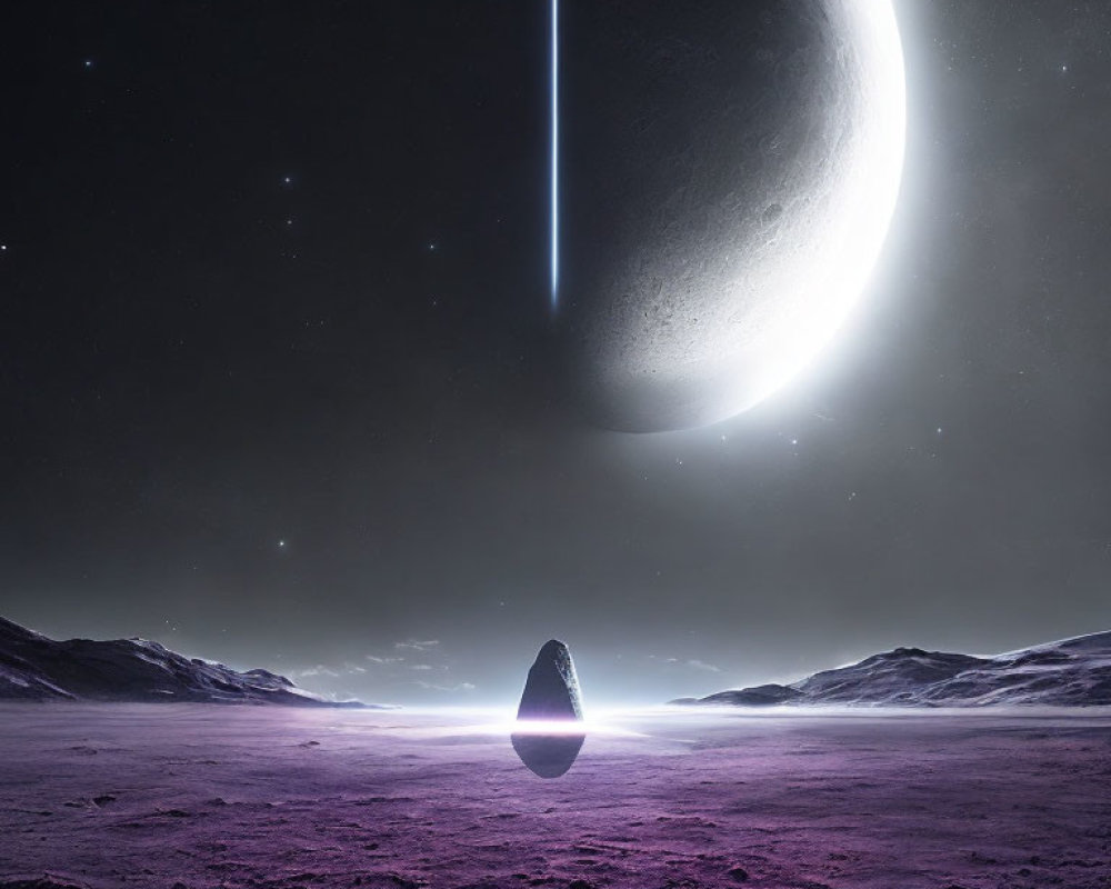 Futuristic landscape with crescent planet and light beam on egg-shaped object