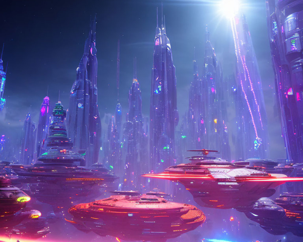Neon-lit skyscrapers and flying vehicles in futuristic cityscape