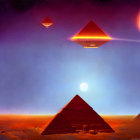 Digital Art: Flying Saucers over Egyptian Pyramids in Red Sky