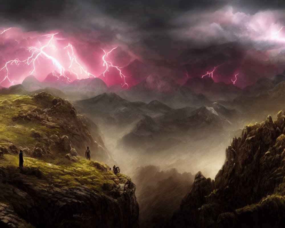 Stormy Sky Over Rugged Mountains with Purple Lightning and People Observing
