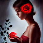Woman with Red Rose in Hair Contemplates Flower on Dark Background