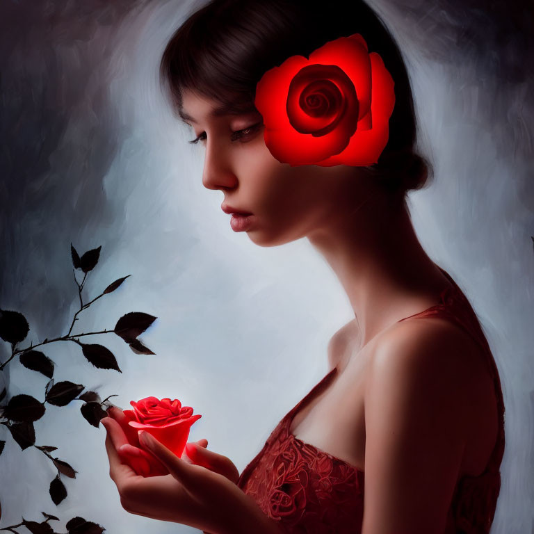 Woman with Red Rose in Hair Contemplates Flower on Dark Background
