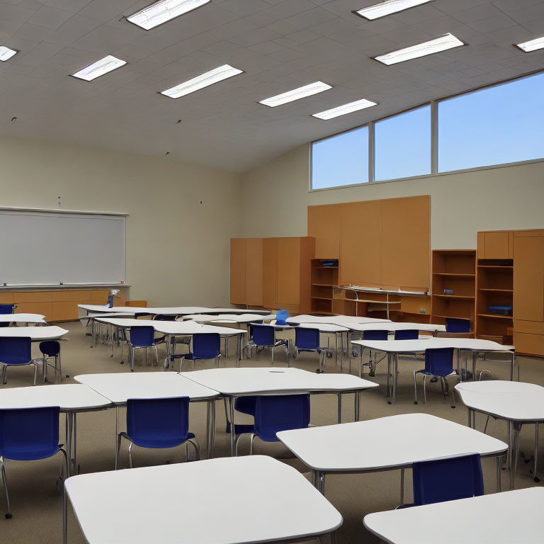 Empty Classroom with White Tables, Blue Chairs, Bookshelves, Whiteboard, and Lighting