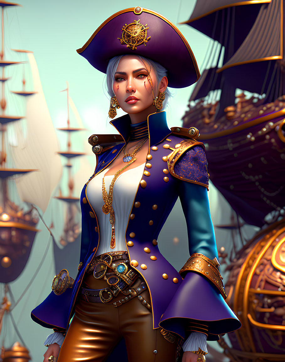Illustration of female pirate captain in blue and gold coat with tricorner hat and ship in