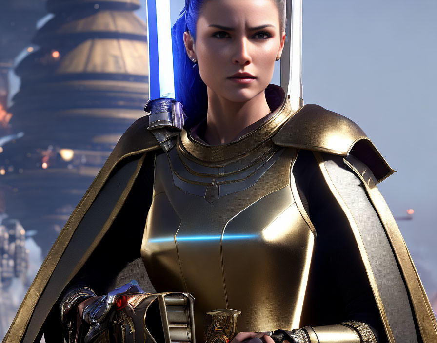 Futuristic armored woman with glowing blue sword in sci-fi setting