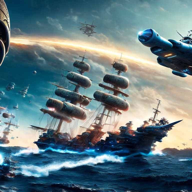 Fantastical armada of tall ships with futuristic tech under dramatic sky