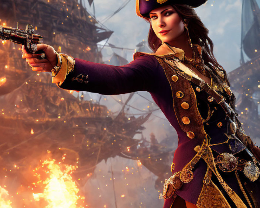 Female pirate captain in tricorne hat aiming flintlock pistol with burning ship backdrop.