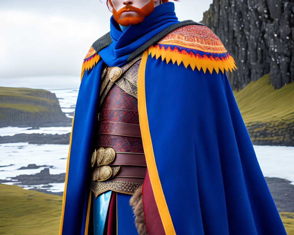Regal man with red hair and ornate coat in digital artwork