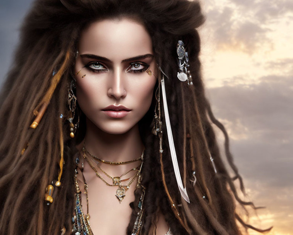 Intense woman with voluminous dreadlocked hair and jewelry against sunset sky