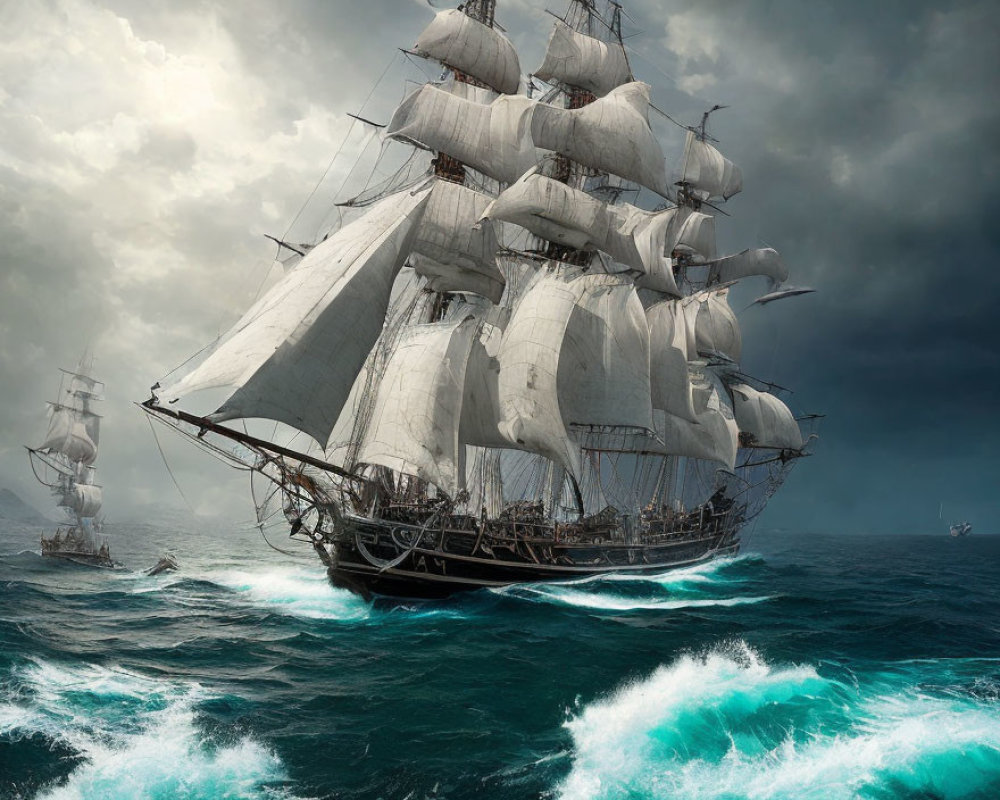 Tall ship with full sails in stormy seas with distant ships
