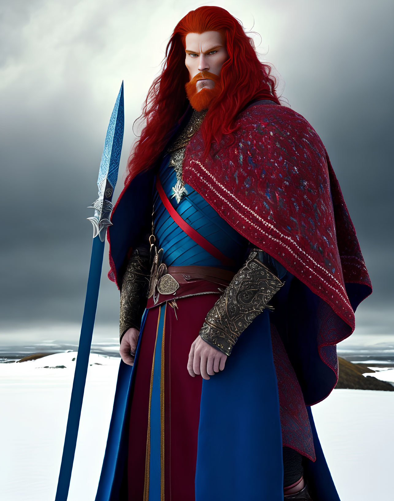 Red-Haired Warrior in Ornate Armor Stands in Snowy Landscape