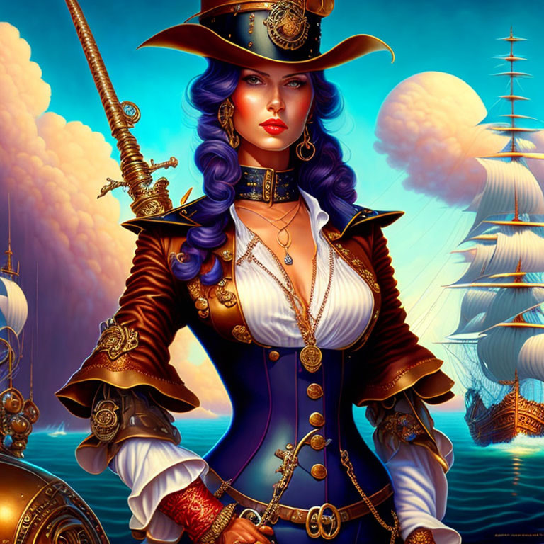 Stylized female pirate digital illustration with tricorn hat, blue coat, and golden accents