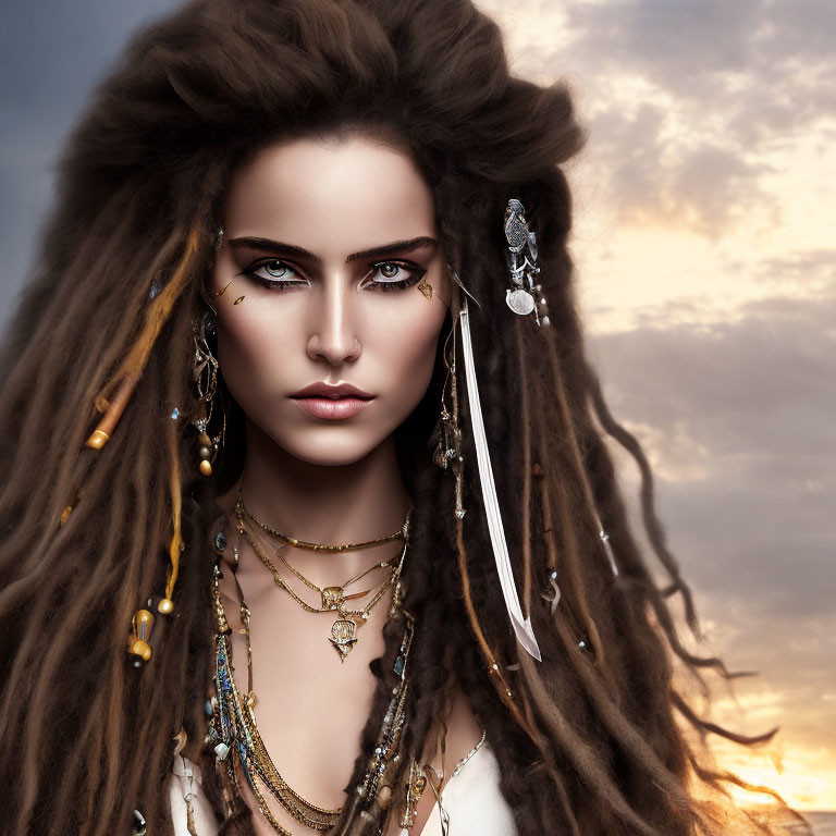 Intense woman with voluminous dreadlocked hair and jewelry against sunset sky