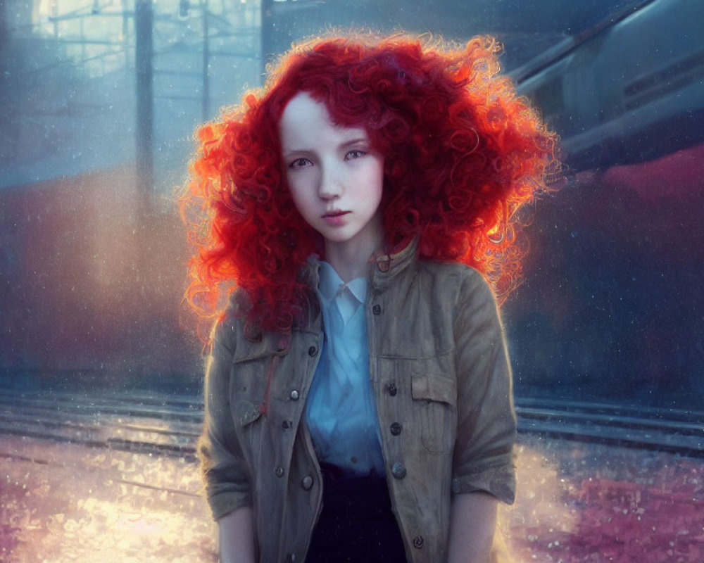 Young woman with bright red curly hair in beige jacket and blue shirt against urban background.