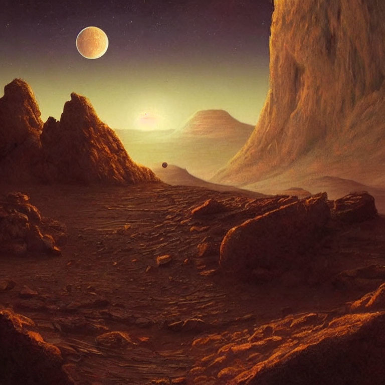 Barren rocky landscape with towering cliffs, setting sun, two moons on alien planet