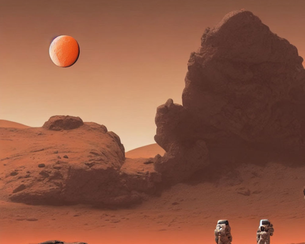 Astronauts observing basketball on Mars-like surface