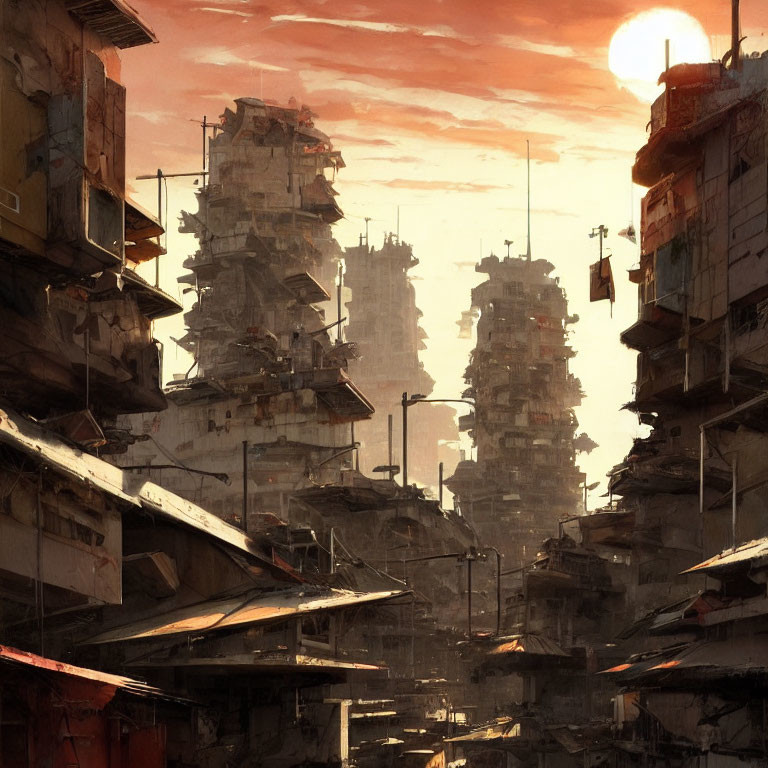 Decrepit high-rise buildings and shanties in dystopian cityscape at sunset